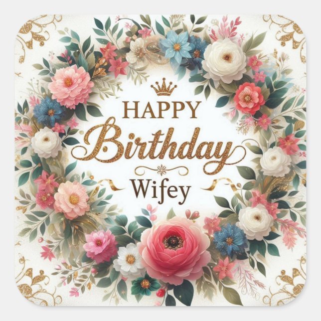Cuadrada Feliz pegatina de cumpleaños para la esposa (Anverso)