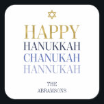 Cuadrada Feliz Pegatina de feriado de Hanukkah Chanukah<br><div class="desc">En este diseño se incorpora el diseño de Relieve metalizado de oro simulado falso. Personalice el texto personalizado anterior. En nuestra colección "Happy Hanukkah Chanukah" se pueden encontrar elementos de coordinación adicionales.</div>