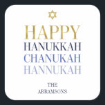 Cuadrada Feliz Pegatina de feriado de Hanukkah Chanukah<br><div class="desc">En este diseño se incorpora el diseño de Relieve metalizado de oro simulado falso. Personalice el texto personalizado anterior. En nuestra colección "Happy Hanukkah Chanukah" se pueden encontrar elementos de coordinación adicionales.</div>