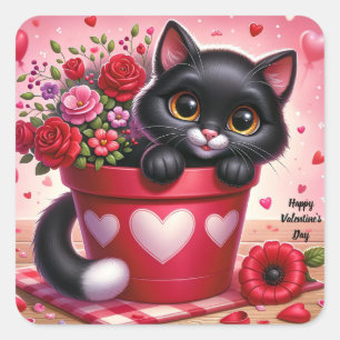 Cuadrada Feliz pegatina de gatos de San Valentín
