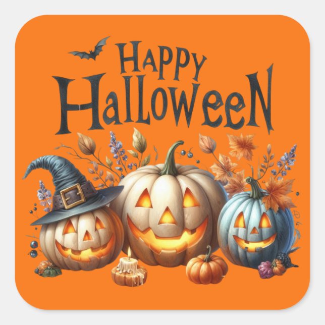 Cuadrada Feliz Pegatina de Halloween (Anverso)