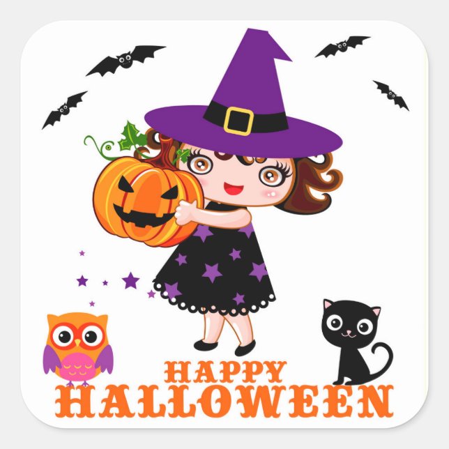 Cuadrada Feliz Pegatina de Halloween (Anverso)