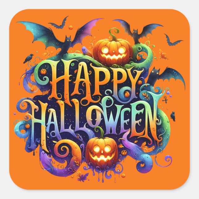 Cuadrada Feliz Pegatina de Halloween (Anverso)