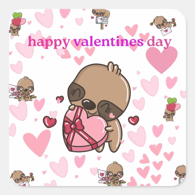 Cuadrada Feliz Pegatina de la Sloth Day de San Valentín (Anverso)