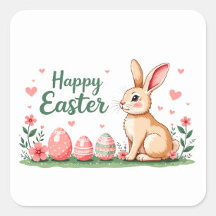 Cuadrada Feliz pegatina de Pascua con conejo, huevos y flor
