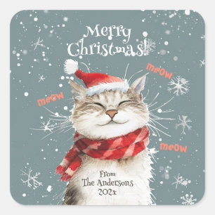 Cuadrada Feliz Pegatina navideño a Cat Merry