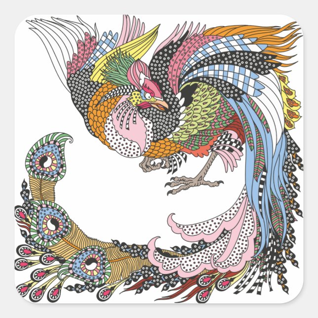 Cuadrada Fénix chino o Pegatina de la plaza Feng Huang (Anverso)