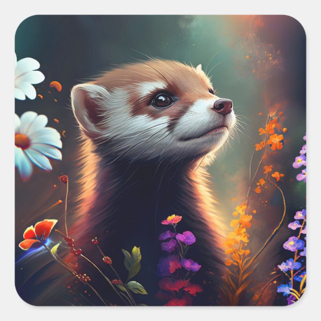 Cuadrada Ferret en un Pegatina de campo de flores (Anverso)