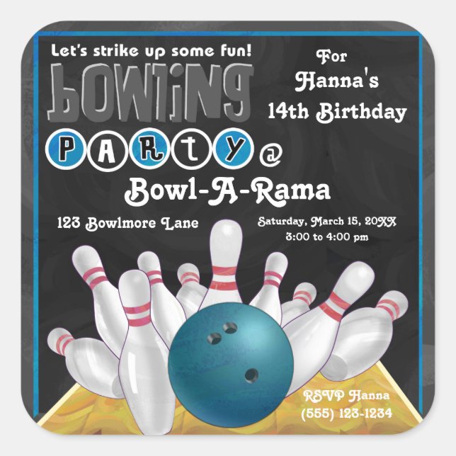 Cuadrada Fiesta de bolos azules invita a Pegatina (Anverso)