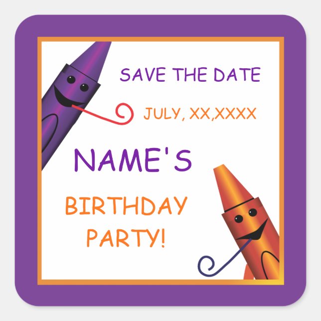 Cuadrada Fiesta de cumpleaños Crayon salva al Pegatina de c (Anverso)