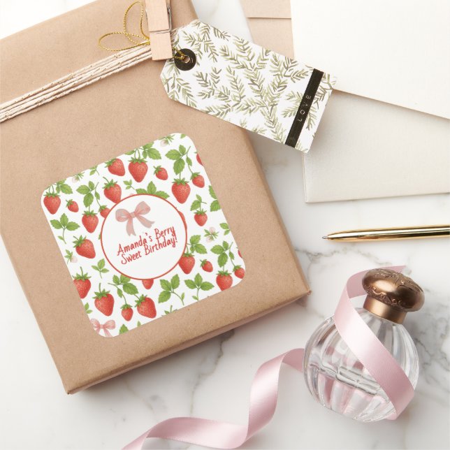 Cuadrada Fiesta de cumpleaños de fresa dulce - Pegatina cua (Regalar)