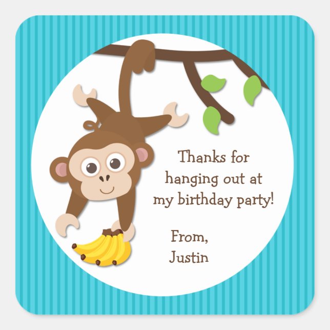 Cuadrada Fiesta de Cumpleaños de los Monos Gracias Pegatina (Anverso)
