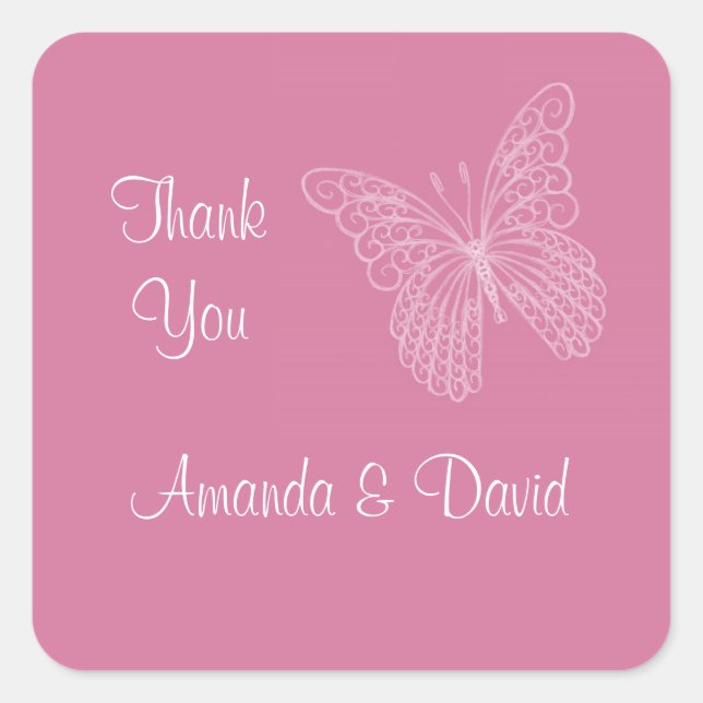 Cuadrada Filigree Butterfly Gracias Pegatina (Anverso)