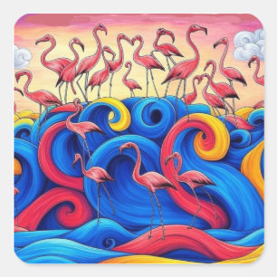 Cuadrada Flamencos en el mar, pegatina 1,5x1,5 pulgadas, ho