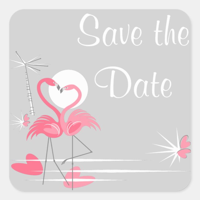 Cuadrada Flamingo Love Save the Date pegatina square (Anverso)