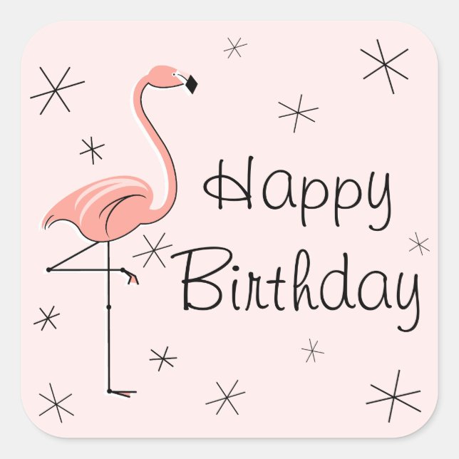 Cuadrada Flamingo Pink Happy Birday pegatina square (Anverso)