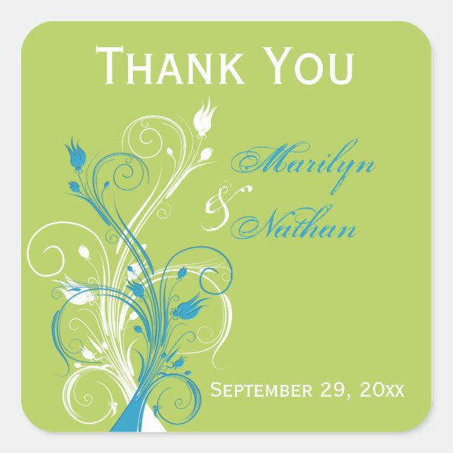 Cuadrada Floral blanca verde azul 1.5" Pegatina de la favor (Anverso)