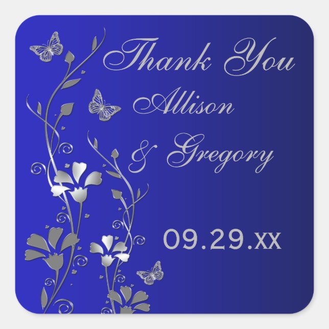 Cuadrada Floral gris azul plateado con Pegatina de mariposa (Anverso)