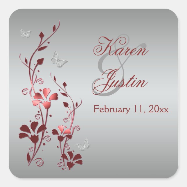 Cuadrada Floral roja y plateada con Pegatina de mariposas (Anverso)