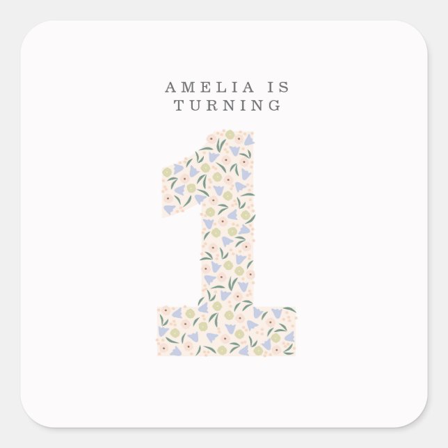 Cuadrada Floral Un primer cumpleaños Invitar a Pegatina cua (Anverso)