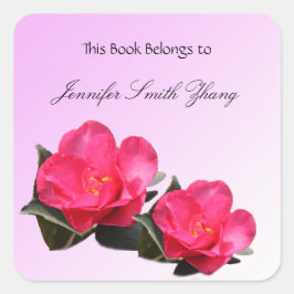 Cuadrada flores de camelia rosadas hermosas pegatina de lib