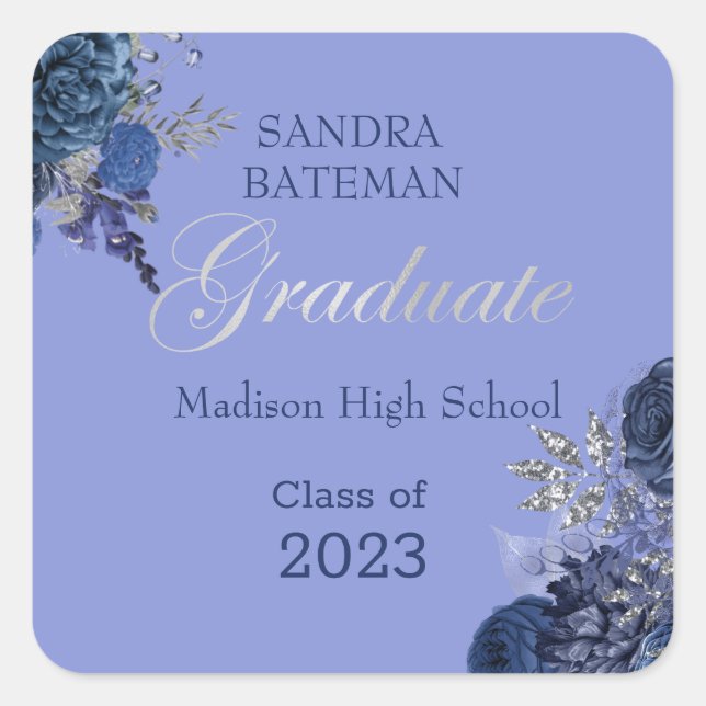 Cuadrada Flores moradas azules | Pegatina de Graduación Pla (Anverso)