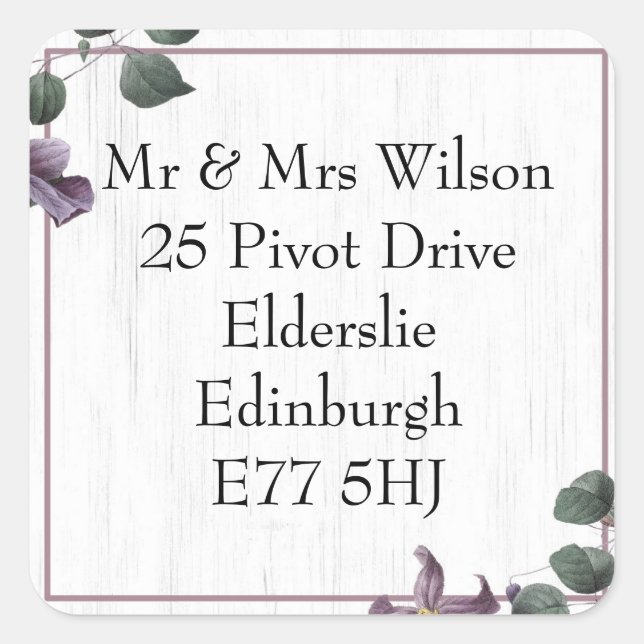 Cuadrada Flores moradas de madera blanca Dirección pegatina (Anverso)