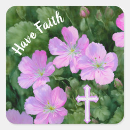 Cuadrada Flores rosas y cruces tienen Pegatina de fe