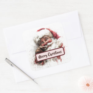 Cuadrada Foto de Santa Vintage y Pegatina de Feliz Navidad