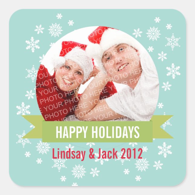 Cuadrada Foto: pegatina de navidad verde del globo de nieve (Anverso)