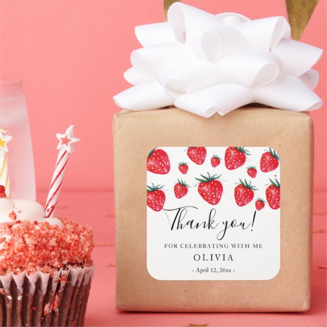 Cuadrada Fresas pegatina de cumpleaños (Fiesta)