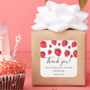 Cuadrada Fresas pegatina de cumpleaños