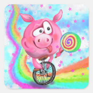 Cuadrada Funny Pegatina Circus Acrobat Pig Cyclist