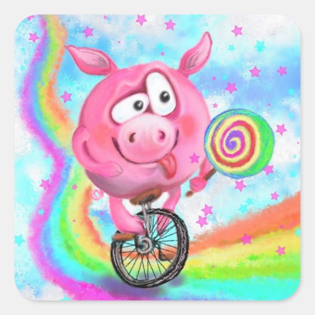 Cuadrada Funny Pegatina Circus Acrobat Pig Cyclist (Anverso)