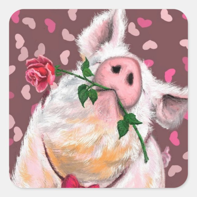 Cuadrada Funny Pegatina Gentleman Pig con Rosa - Amor (Anverso)