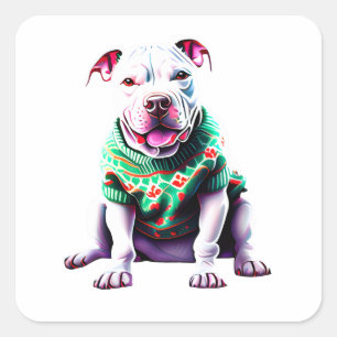 Cuadrada Funny Pit Bull en Navidades Sweater Pegatina