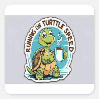 Cuadrada Funny Turtle Coffee Pegatina