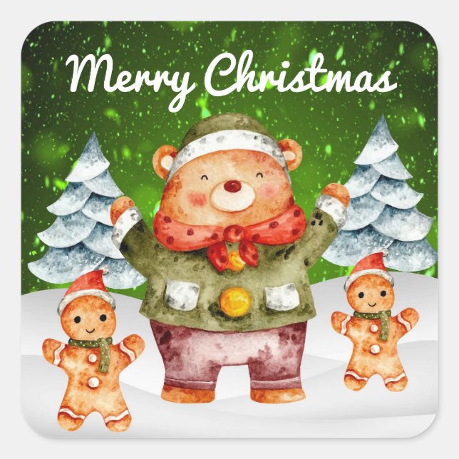 Cuadrada Galletas de jengibre con osito de Navidad Pegatina (Anverso)