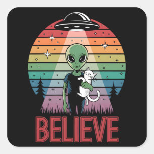 Cuadrada Gato Alien Adorable Cree UFO Atardecer Pegatina
