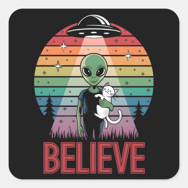 Cuadrada Gato Alien Adorable Cree UFO Atardecer Pegatina (Anverso)