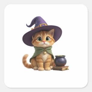 Cuadrada Gato de Bruja Naranja Adorable Halloween Pegatina