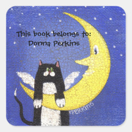 Cuadrada Gato en el Pegatina de la luna