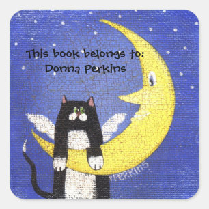Cuadrada Gato en el Pegatina de la luna