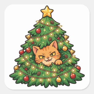 Cuadrada Gato en Pegatina Divertida de Árbol de Navidad