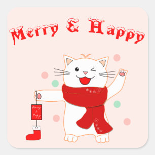 Cuadrada Gato Lindo Alegre y Feliz Pegatina Navideña Ador