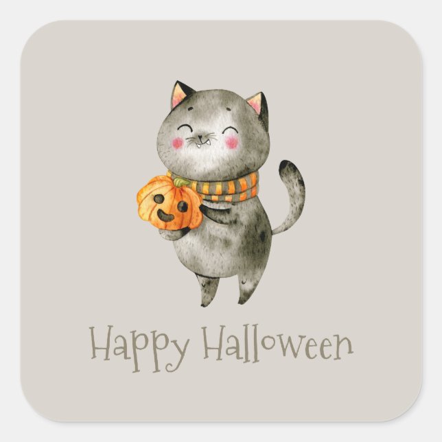 Cuadrada Gato lindo de Halloween con calabaza | Pegatina (Anverso)