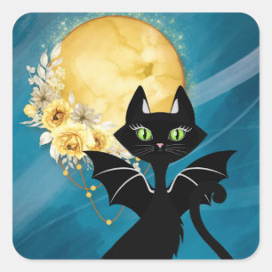 Cuadrada Gato negro elegante Gato Bat Pegatina de Hallo