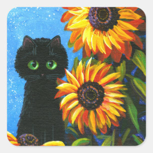 Cuadrada Gato negro girasoles Creationarts Pegatina cuadrad