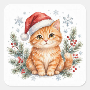 Cuadrada Gato Tabby Sombrero de Santa Pegatina de Navidad
