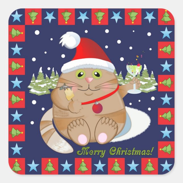 Cuadrada Gato tomando un cóctel + pegatina de texto de Navi (Anverso)